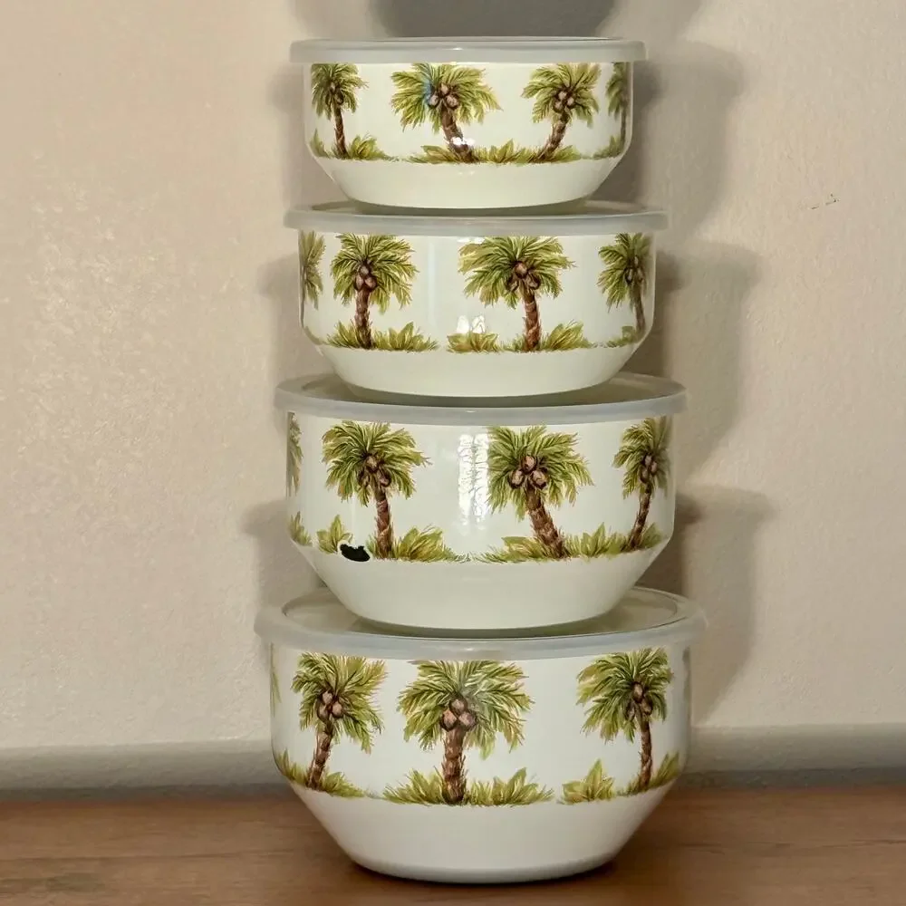 Tabletops Unlimited Palm Grove Enamel Nesting Mixing Bowls Set 4 w Lids